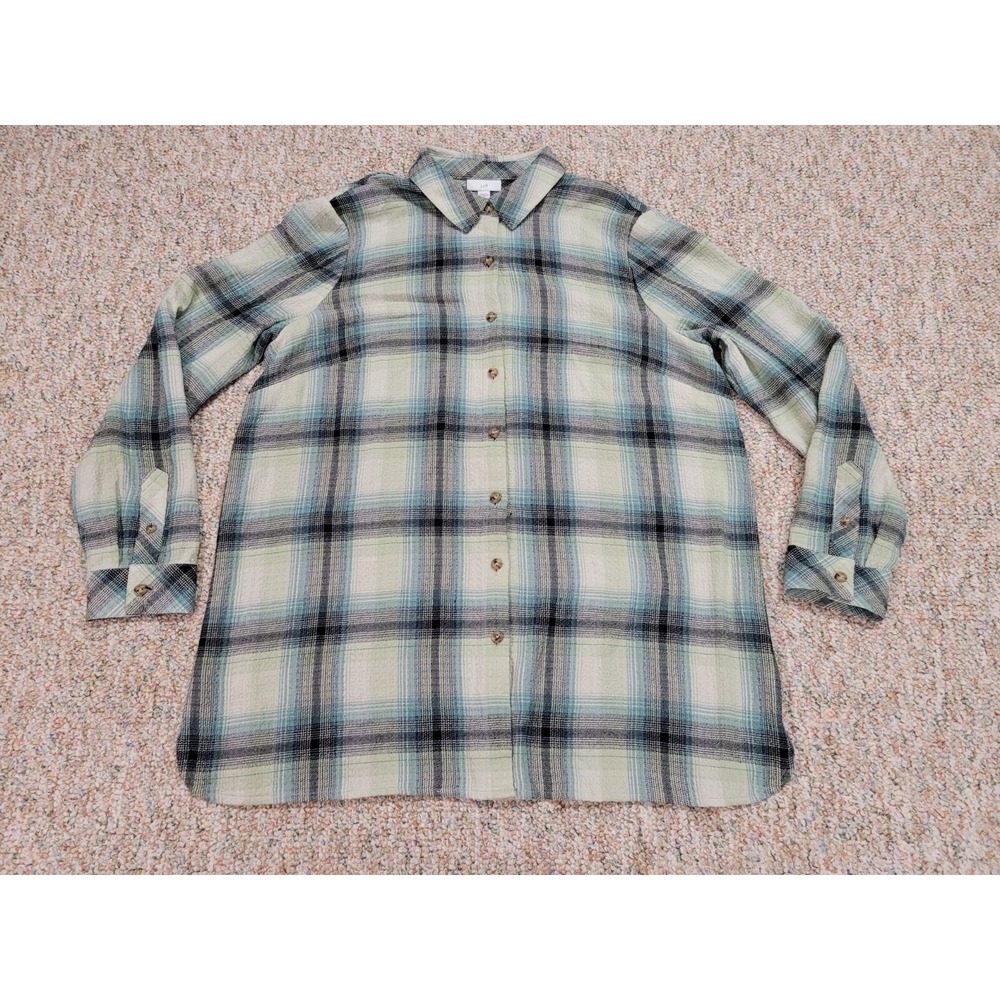 J.Jill Shirt Womens Medium Green Blue Plaid Rayon Blend Button Up Cottagecore